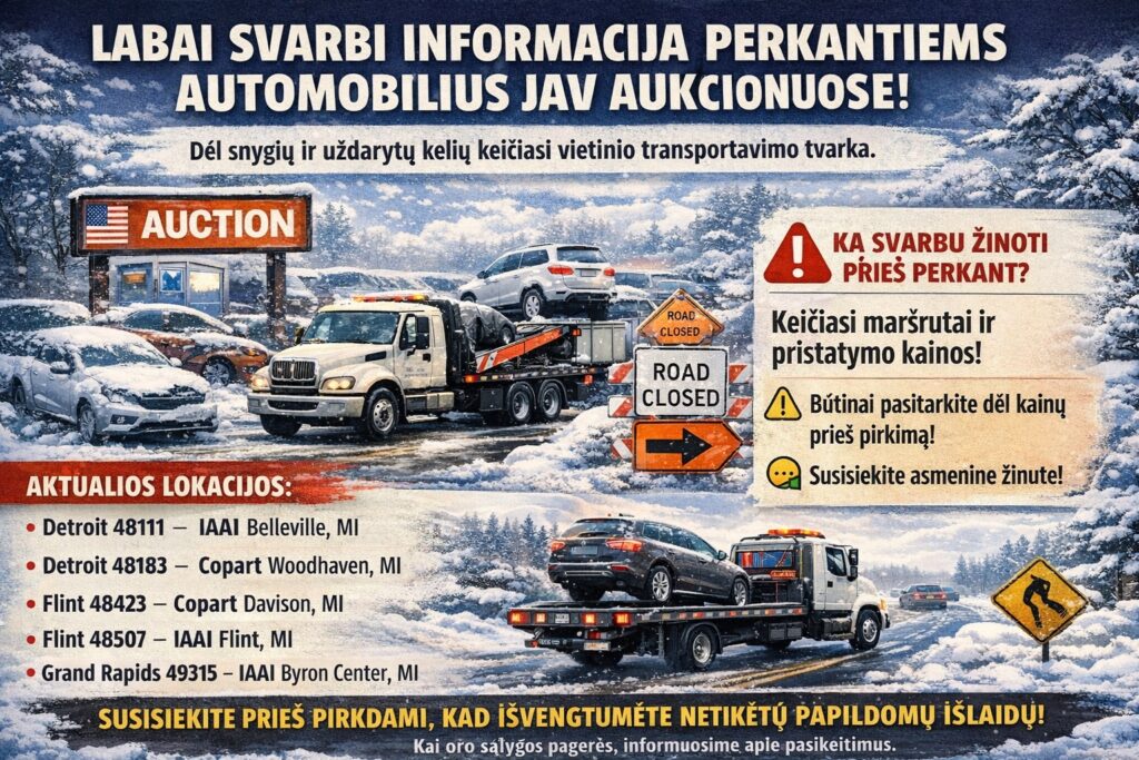 Automobilių transportavimas iš Copart ir IAAI JAV aukcionų žiemos sąlygomis